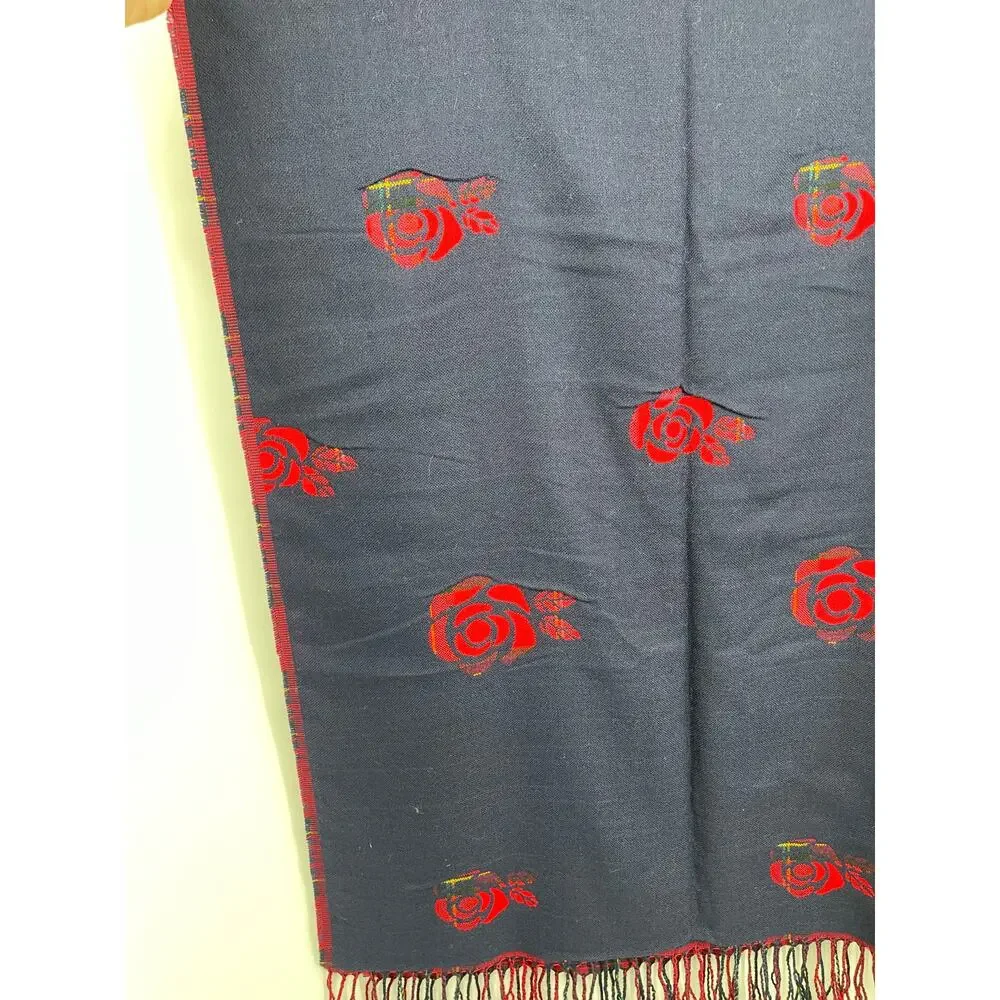 Plaid Rose Red Blue Super Soft Reversible Scarf Shawl Wrap NEW